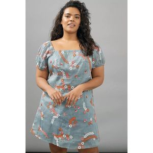Anthropologie Let Me Be Blue Laurel Floral Embroidered Mini Dress - 1X